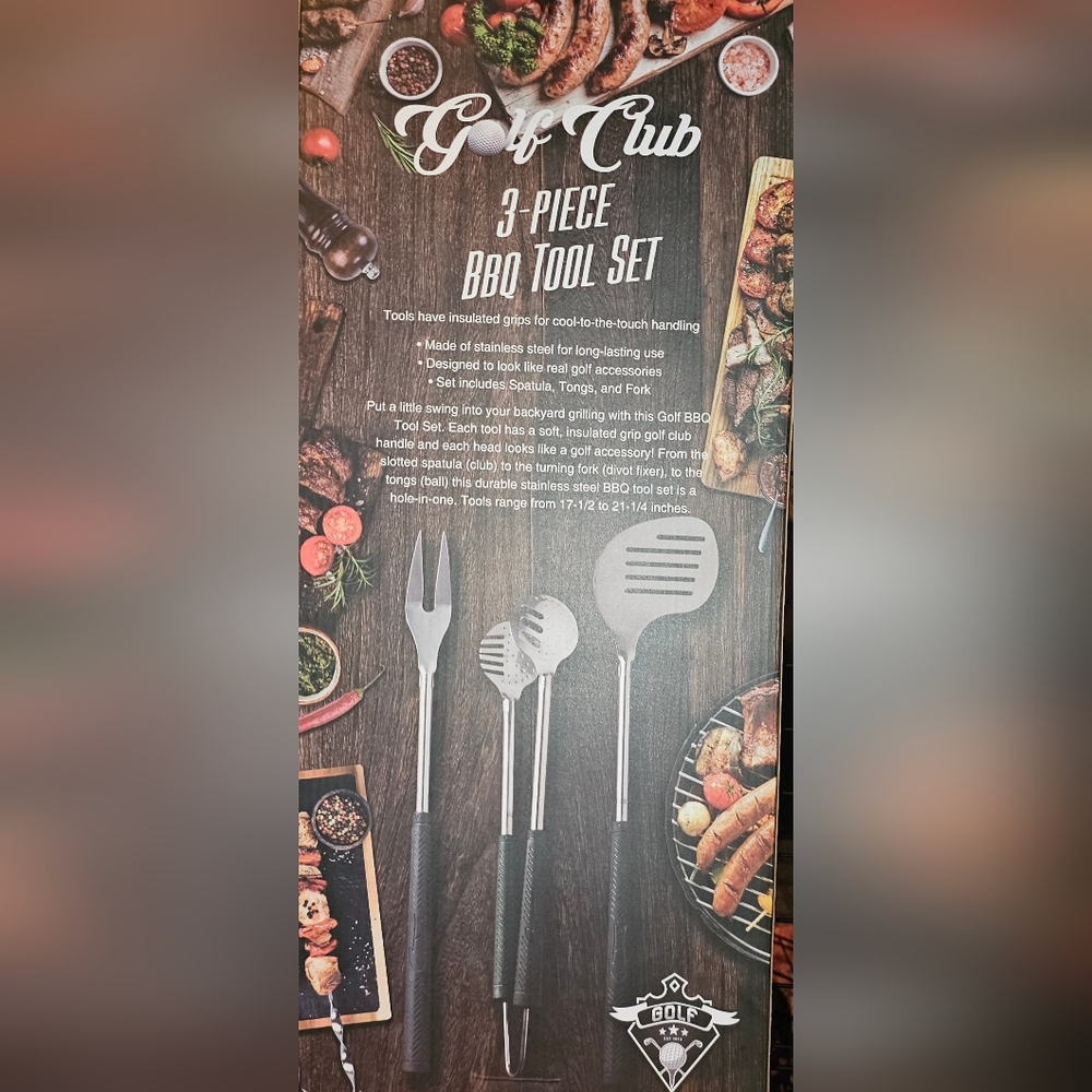 Golf Themed Stainless Steel BBQ Tool Set with Black & Green Handles - Picture 2 of 4